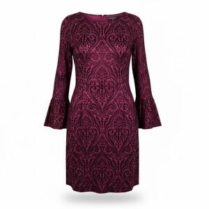 Madison Leigh Burnout Velvet Dress Size 10 Burgundy Damask Bell Sleeve